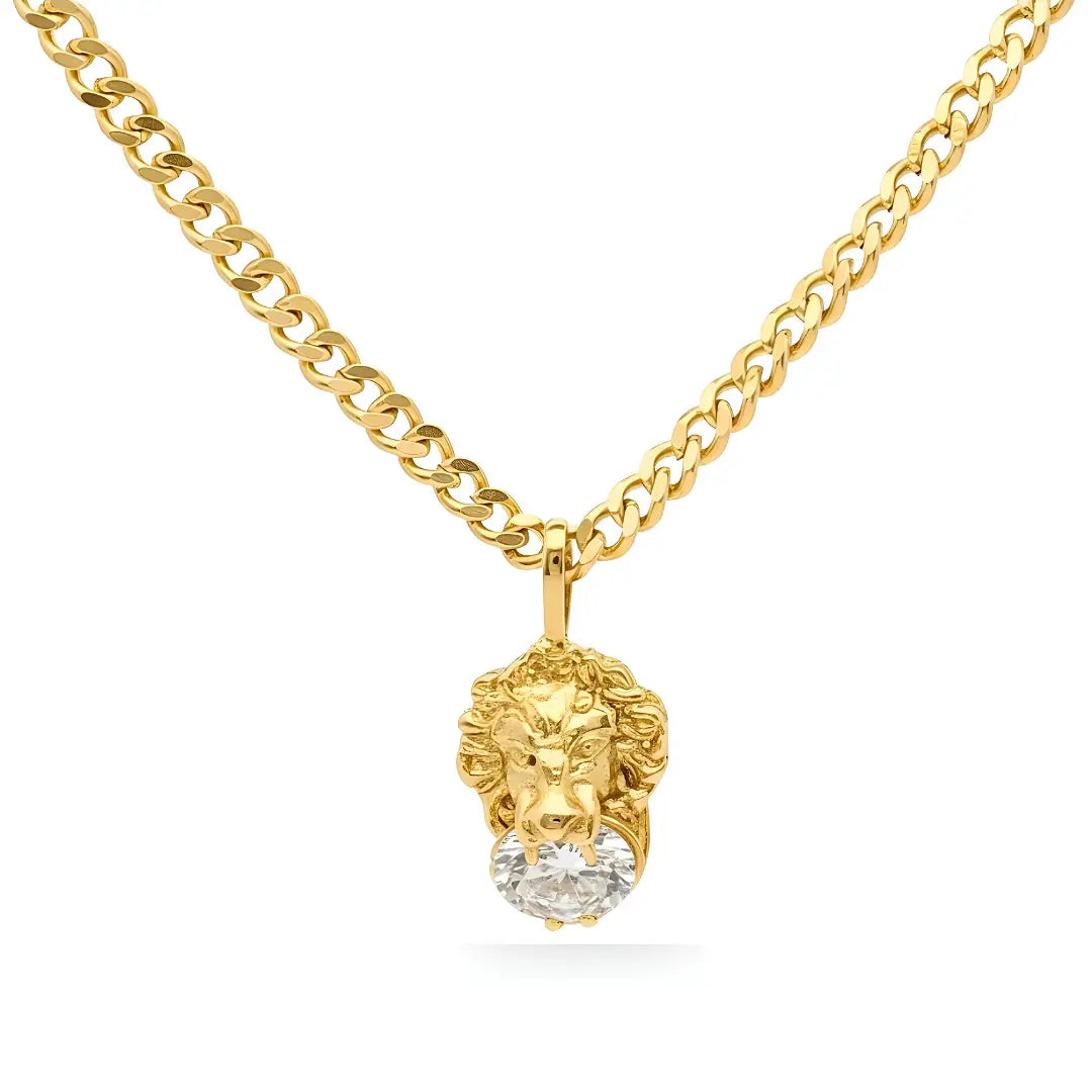 18K Gold Filled Lion Head Necklace – Tarnish-Proof Cuban Link Chain with Ruby & Zirconia Pendant Options